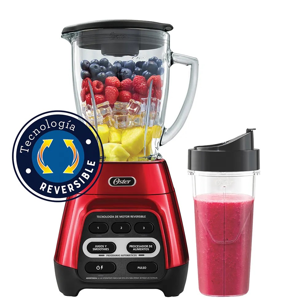 Licuadora Oster® roja con programas automáticos, tecnología reversible y vaso Blend-N-Go BLSTPYG1310RBG