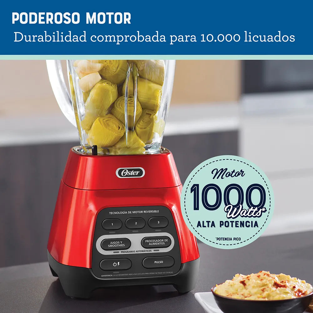 Licuadora Oster® roja con programas automáticos, tecnología reversible y vaso Blend-N-Go BLSTPYG1310RBG