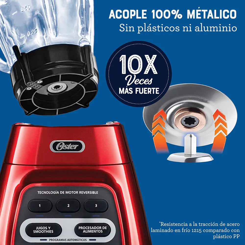 Licuadora Oster® roja con programas automáticos, tecnología reversible y vaso Blend-N-Go BLSTPYG1310RBG