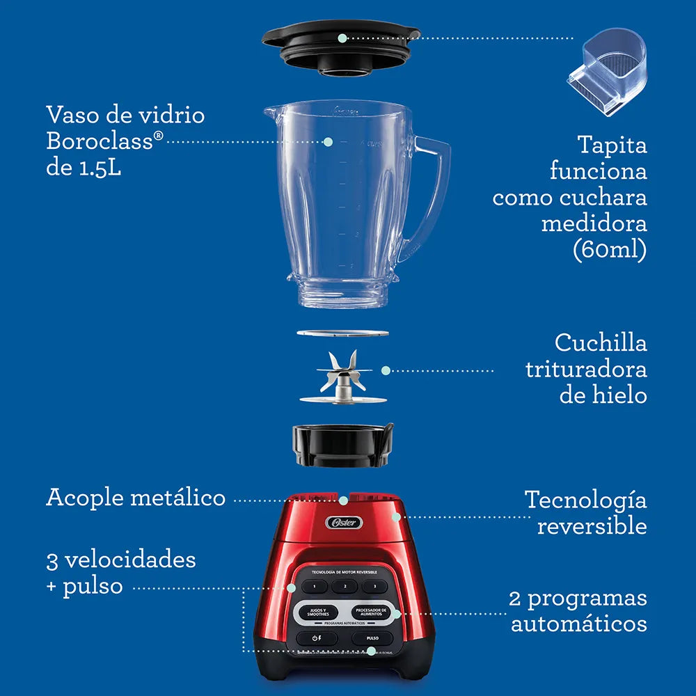 Licuadora Oster® roja con programas automáticos, tecnología reversible y vaso Blend-N-Go BLSTPYG1310RBG