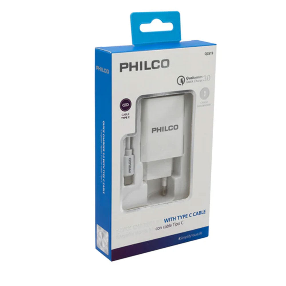 Cargador Philco Qualcom 3.0 Con Cable Tipo C Blanco QC619
