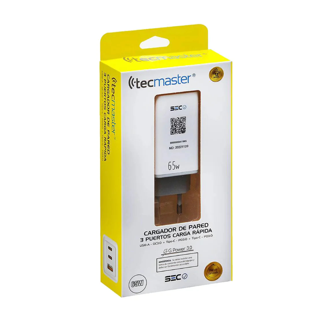 CARGADOR DE PARED 3 PUERTOS USB A /USB C/USB C/200541 65W TECMASTER