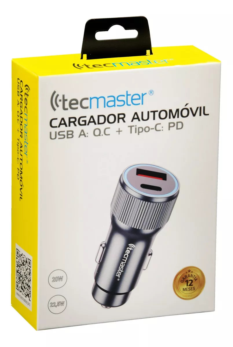 Cargador Automóvil USB A: Q.C + Tipo C: PD Tecmaster