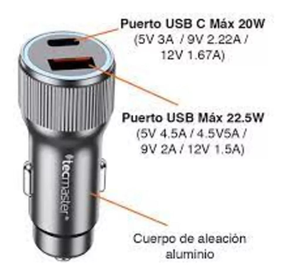 Cargador Automóvil USB A: Q.C + Tipo C: PD Tecmaster