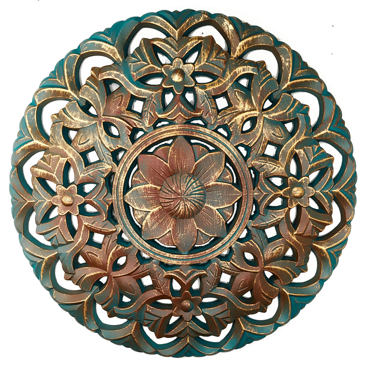 Mandala de Madera Turquesa Y Dorado 40x40 cm